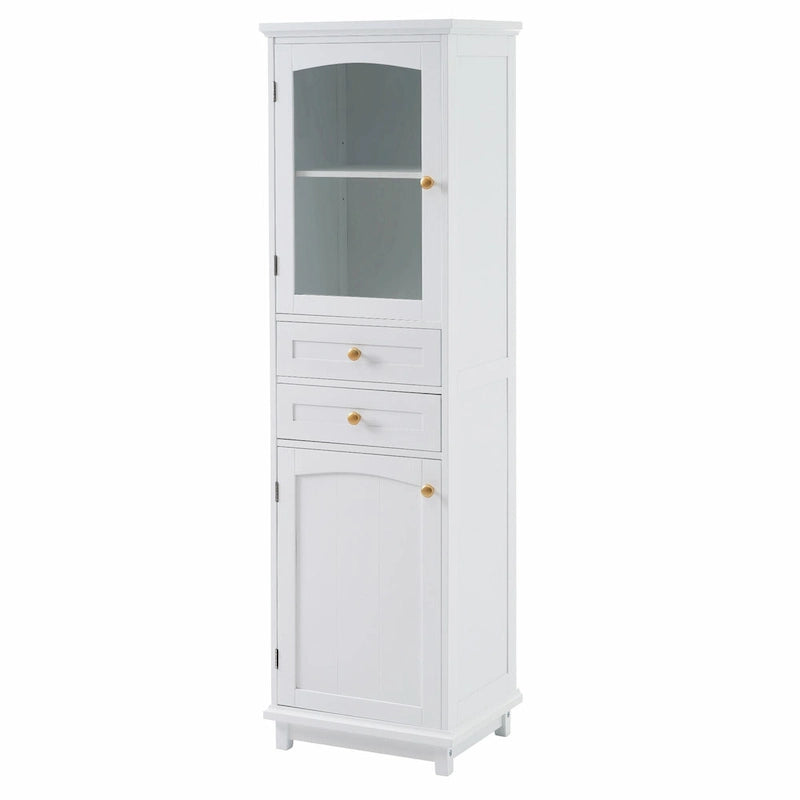 Armoire de rangement de salle de bain haute et autoportante avec portes vitrées et deux tiroirs