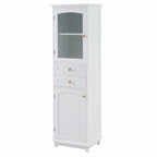 Armoire de rangement de salle de bain haute et autoportante avec portes vitrées et deux tiroirs