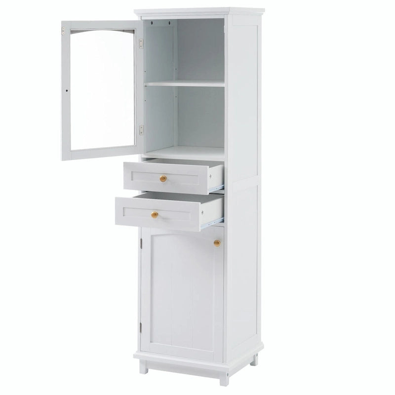 Armoire de rangement de salle de bain haute et autoportante avec portes vitrées et deux tiroirs