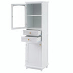 Armoire de rangement de salle de bain haute et autoportante avec portes vitrées et deux tiroirs