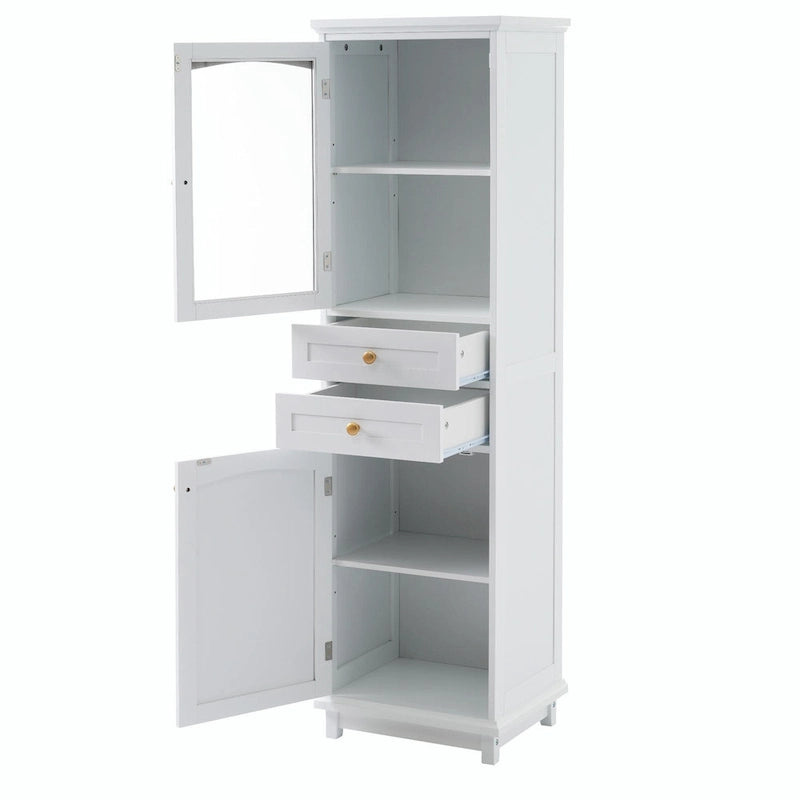 Armoire de rangement de salle de bain haute et autoportante avec portes vitrées et deux tiroirs