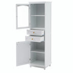 Armoire de rangement de salle de bain haute et autoportante avec portes vitrées et deux tiroirs