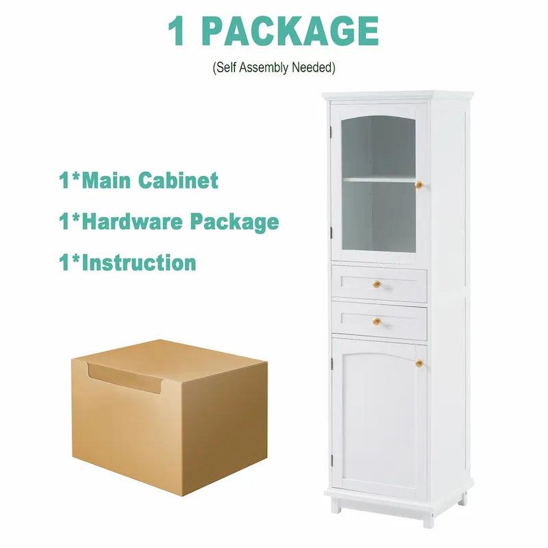Armoire de rangement de salle de bain haute et autoportante avec portes vitrées et deux tiroirs