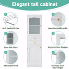 Armoire de rangement de salle de bain haute et autoportante avec portes vitrées et deux tiroirs