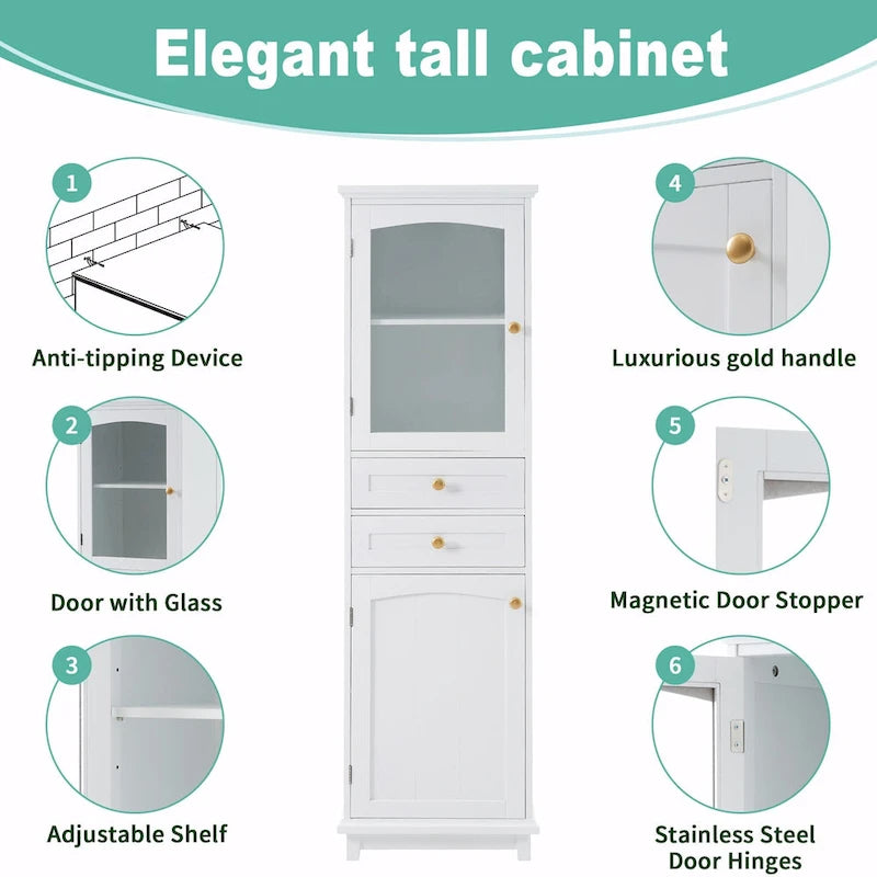 Armoire de rangement de salle de bain haute et autoportante avec portes vitrées et deux tiroirs
