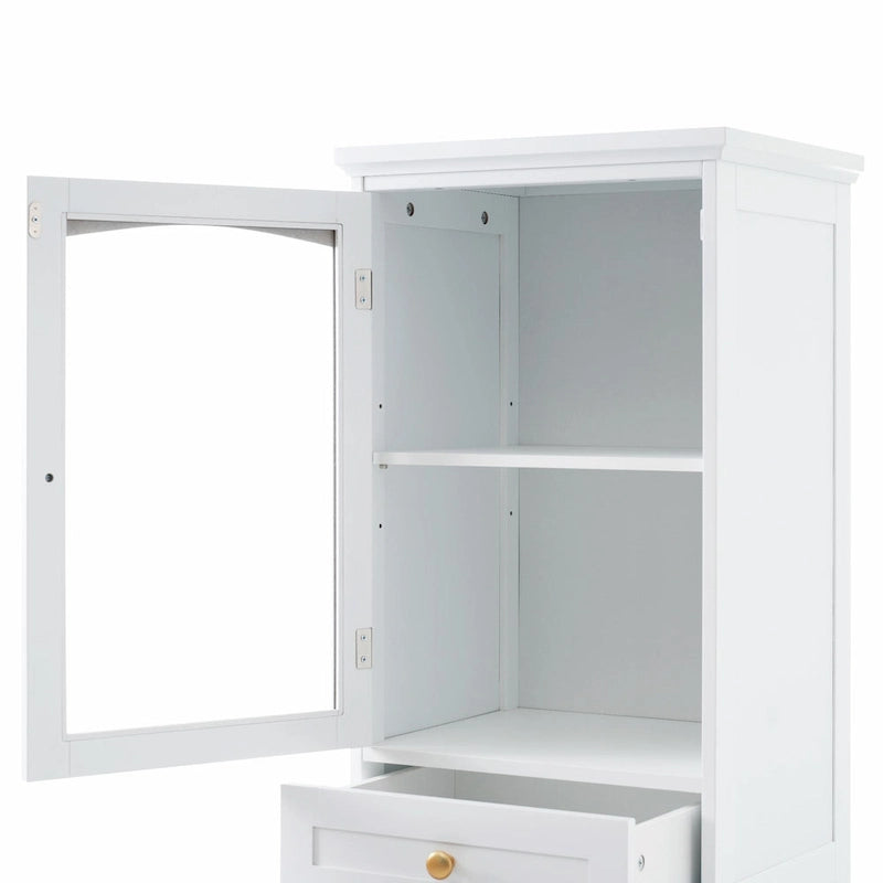 Armoire de rangement de salle de bain haute et autoportante avec portes vitrées et deux tiroirs