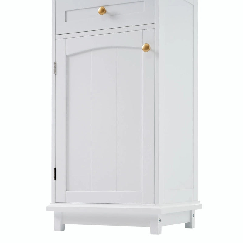 Armoire de rangement de salle de bain haute et autoportante avec portes vitrées et deux tiroirs