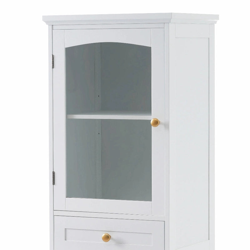 Armoire de rangement de salle de bain haute et autoportante avec portes vitrées et deux tiroirs
