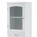 Armoire de rangement de salle de bain haute et autoportante avec portes vitrées et deux tiroirs