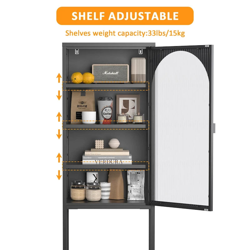 Vitrine de rangement avec porte en métal et verre