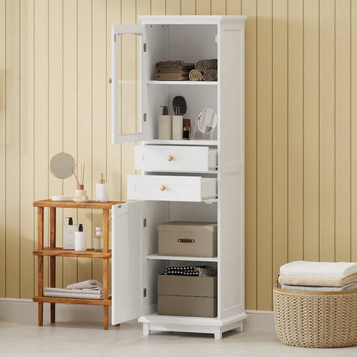 17.7 in. W x 14.2 in. D x 63 in. H Linen Cabinet with Glass Door and Two Drawers