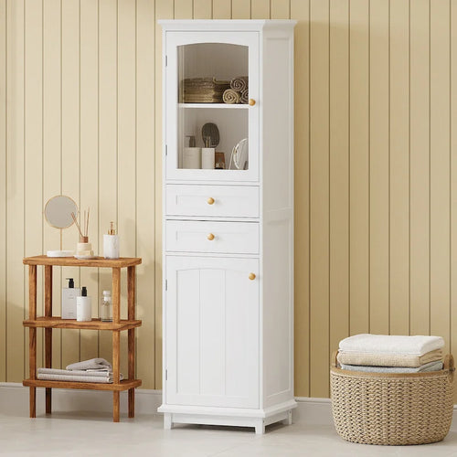 Armoire à linge avec porte vitrée et deux tiroirs, dimensions : 45 cm (L) x 36 cm (P) x 160 cm (H)
