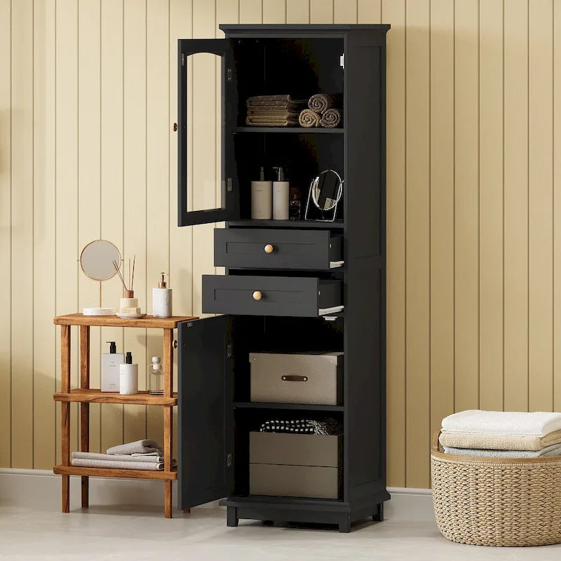 Armoire à linge avec porte vitrée et deux tiroirs, dimensions : 45 cm (L) x 36 cm (P) x 160 cm (H)