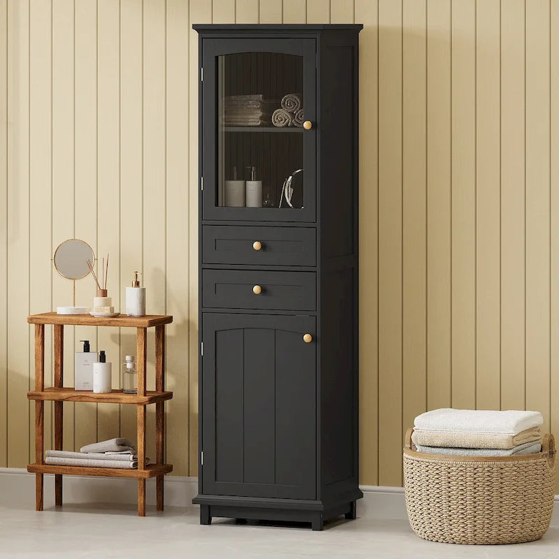 Armoire à linge avec porte vitrée et deux tiroirs, dimensions : 45 cm (L) x 36 cm (P) x 160 cm (H)