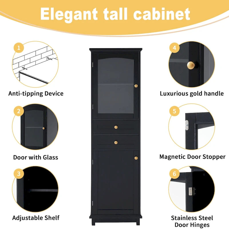 Armoire à linge avec porte vitrée et deux tiroirs, dimensions : 45 cm (L) x 36 cm (P) x 160 cm (H)