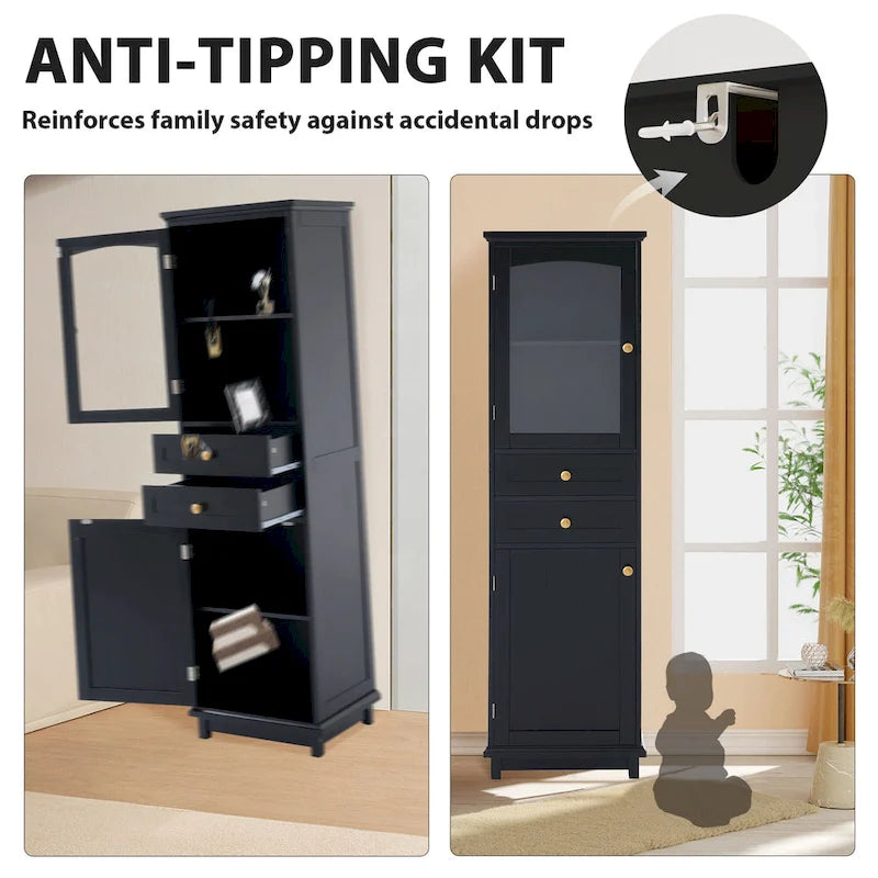 Armoire à linge avec porte vitrée et deux tiroirs, dimensions : 45 cm (L) x 36 cm (P) x 160 cm (H)