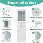 Armoire à linge avec porte vitrée et deux tiroirs, dimensions : 45 cm (L) x 36 cm (P) x 160 cm (H)