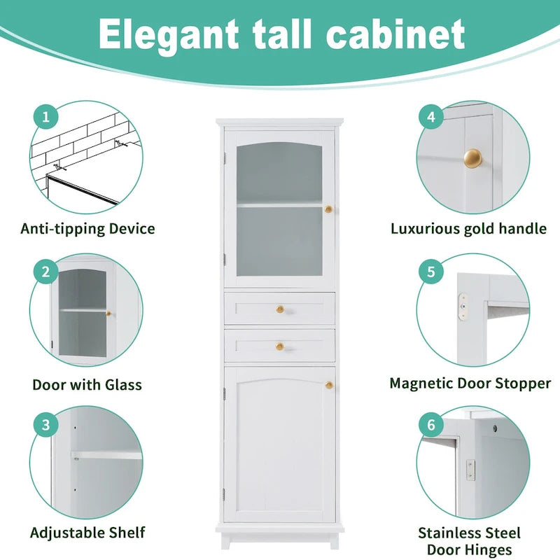Armoire à linge avec porte vitrée et deux tiroirs, dimensions : 45 cm (L) x 36 cm (P) x 160 cm (H)