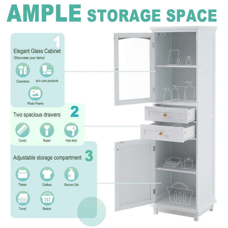 Armoire à linge avec porte vitrée et deux tiroirs, dimensions : 45 cm (L) x 36 cm (P) x 160 cm (H)