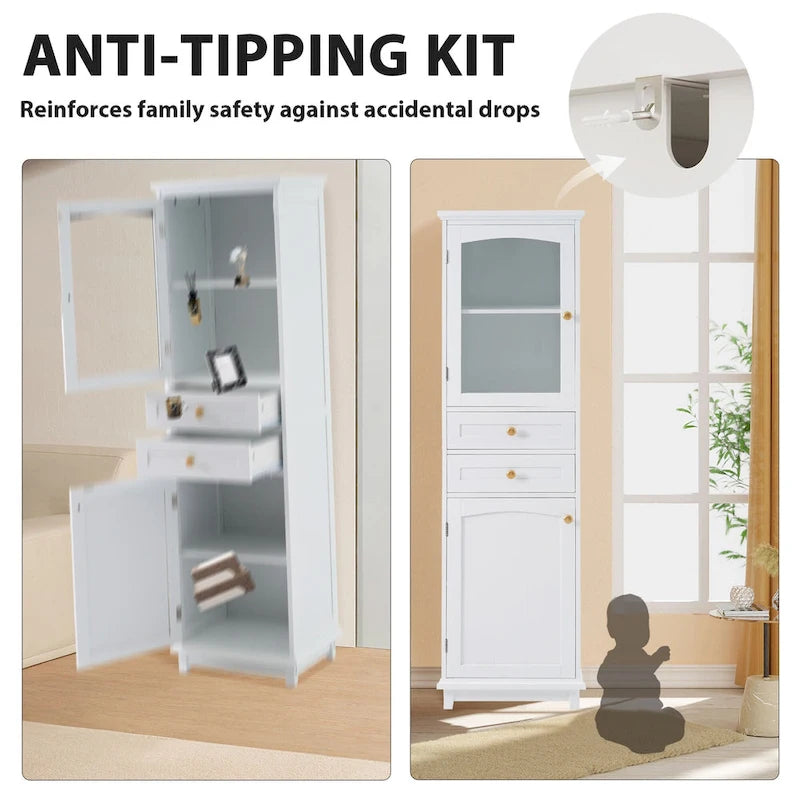 Armoire à linge avec porte vitrée et deux tiroirs, dimensions : 45 cm (L) x 36 cm (P) x 160 cm (H)