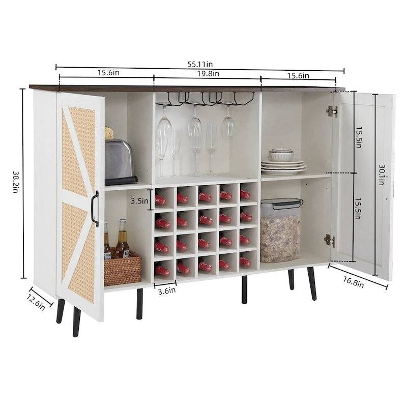 Armoire à vin de style grange avec porte en imitation rotin, casier à bouteilles et porte-verres.