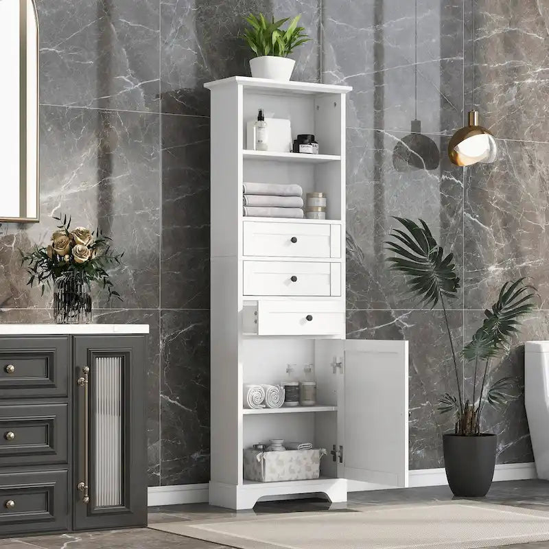 Armoire de rangement haute avec 3 tiroirs et étagères réglables