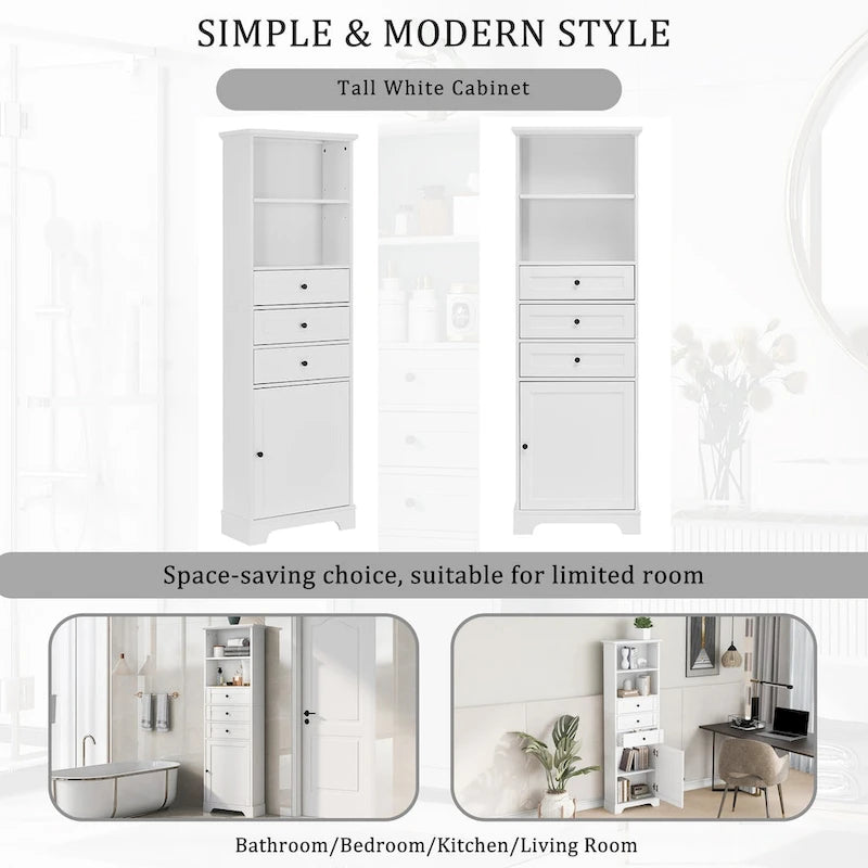 Armoire de rangement haute avec 3 tiroirs et étagères réglables