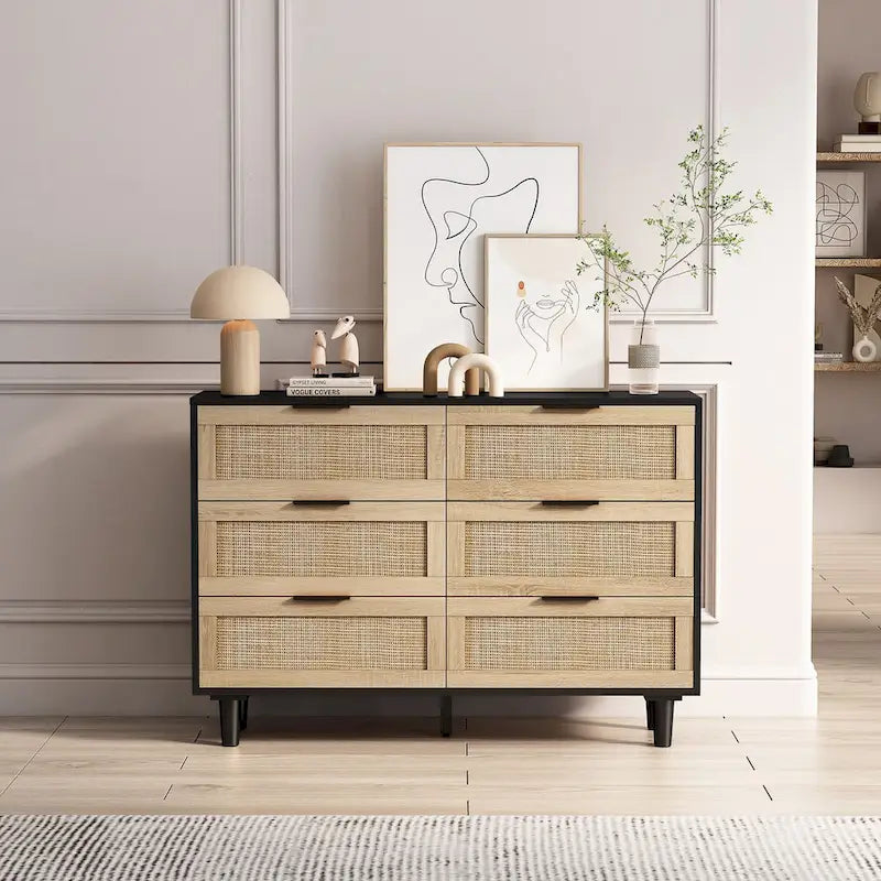 Meuble de rangement Roomfitters en rotin noir à 6 tiroirs de 110 cm (43,31 pouces) pour chambre et salon