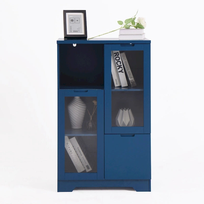 Meuble bas en bois avec 2 portes vitrées et 2 espaces de rangement