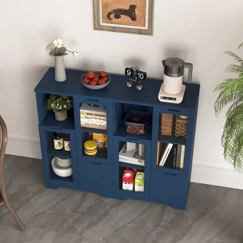 Meuble bas en bois avec 2 portes vitrées et 2 espaces de rangement