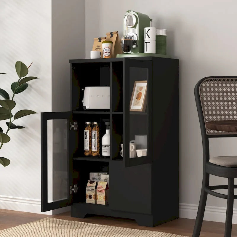 Meuble bas en bois avec 2 portes vitrées et 2 espaces de rangement