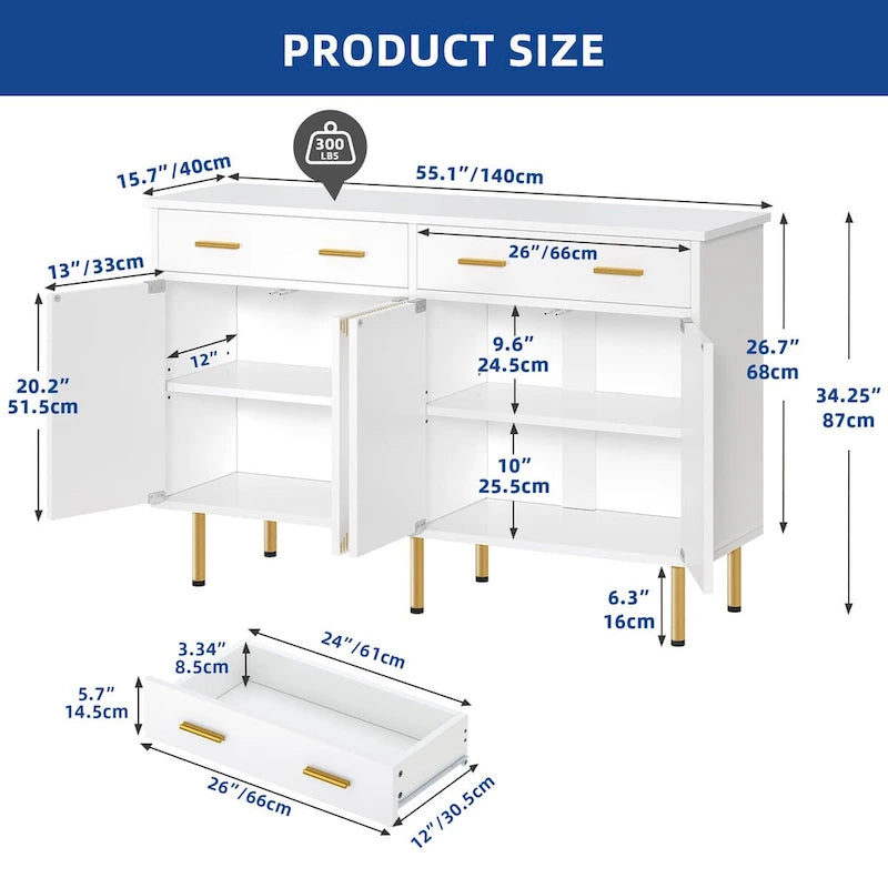 Buffet Moasis 55 avec 2 grands tiroirs, rangements de cuisine, tables basses en bois