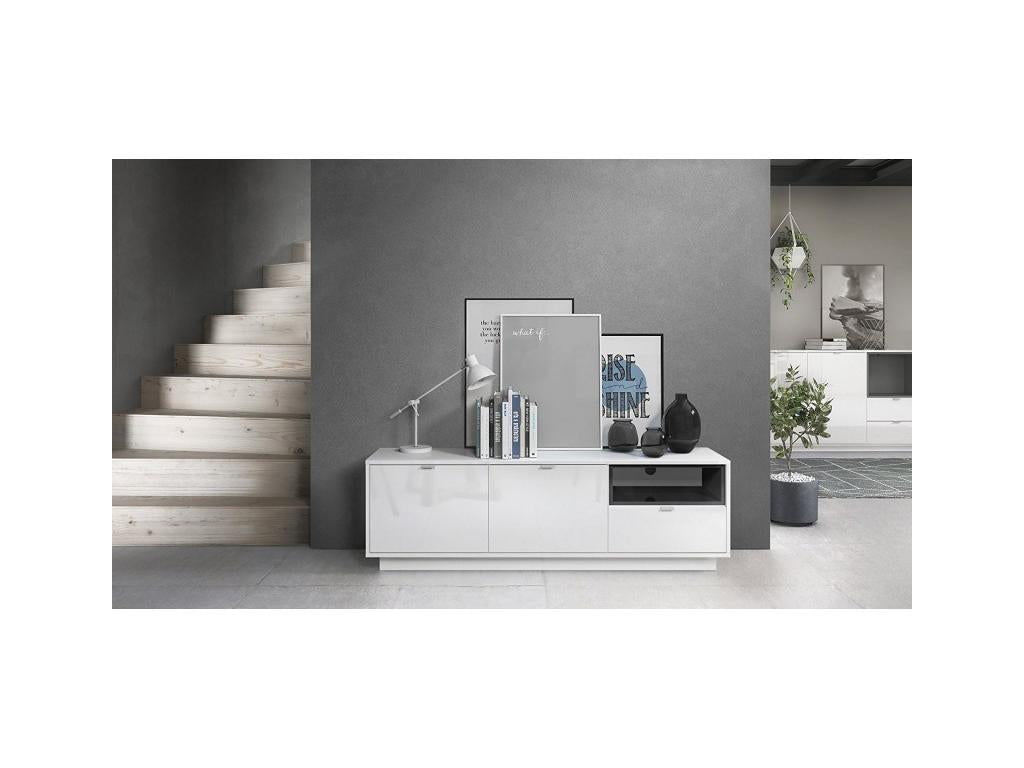 Meuble TV 153 Cm Laqu¨¦ Blanc Avec Insertion Noir LED lxhxp 153x48x38.