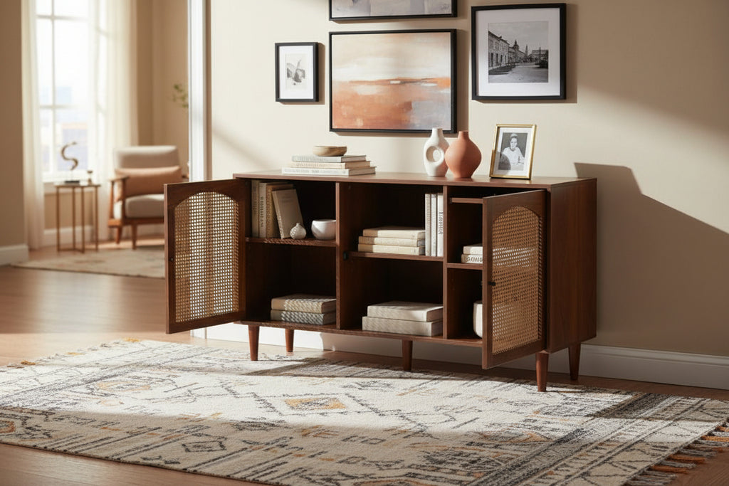 Buffet avec 3 portes et 2 tiroirs - portes en résine tressée - style campagnard - Marron