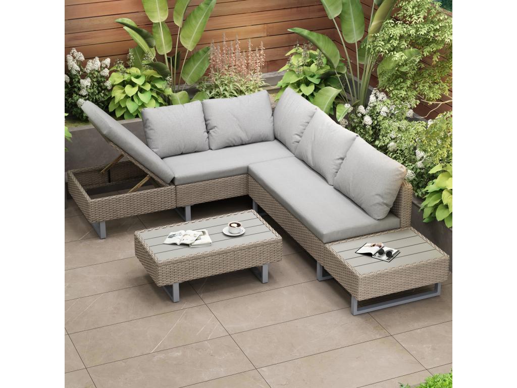 Ensemble Canap¨¦ de jardin 5 places avec coffre de rangement - ¨¦paisseur du rembourrage 7 cm - Rotin PE - Beige