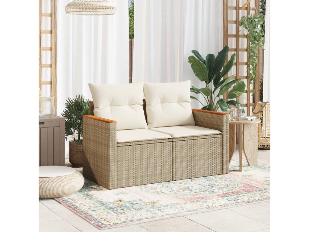 Canap¨¦ de jardin avec coussins 2 places beige r¨¦sine tress¨¦e