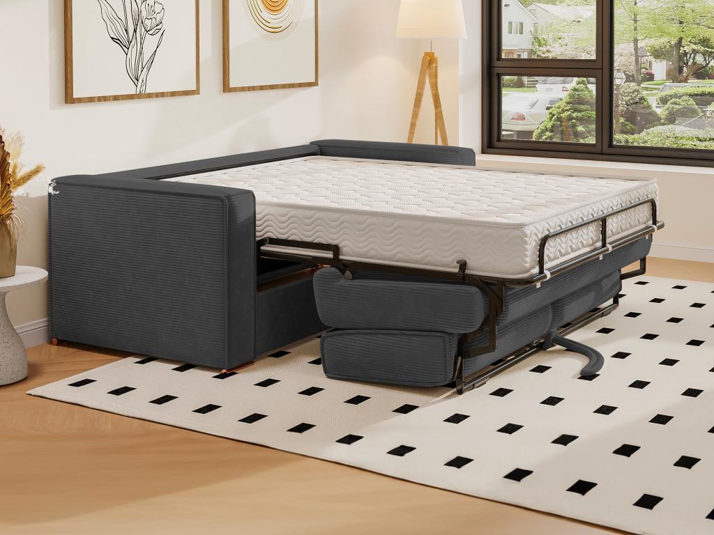 Canapé 4 places convertible express en velours c?tel¨¦ gris anthracite - Couchage 160 cm - Matelas 22 cm Vertchez